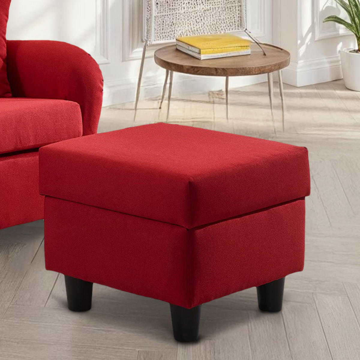 OHRENSESSEL mit HOCKER, hoher Sitzkomfort durch Wellenunterfederung B90/H98/T76 cm, Strukturstoff Rot / 18002 - Rot/Schwarz, Holz/Textil (90/98/76cm) - luma-home