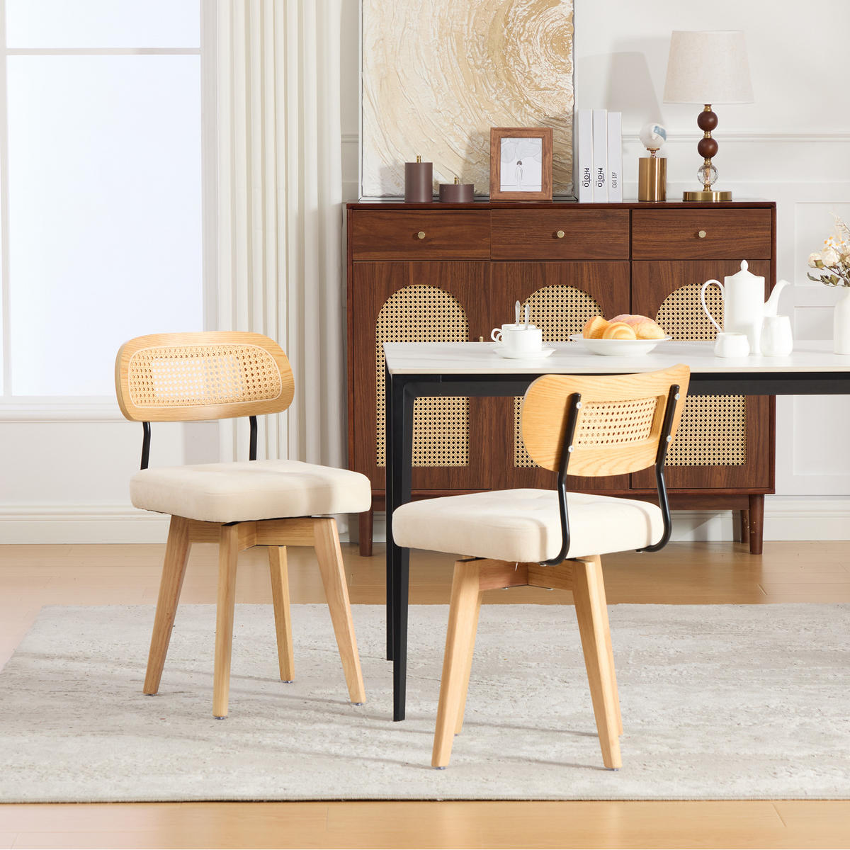 STUHL-SET 2 Stück, 360° drehbar, Rattan-Rückenlehne, DE-42279, Beige - Beige, Metall (50/77/43cm) - ComfortXL