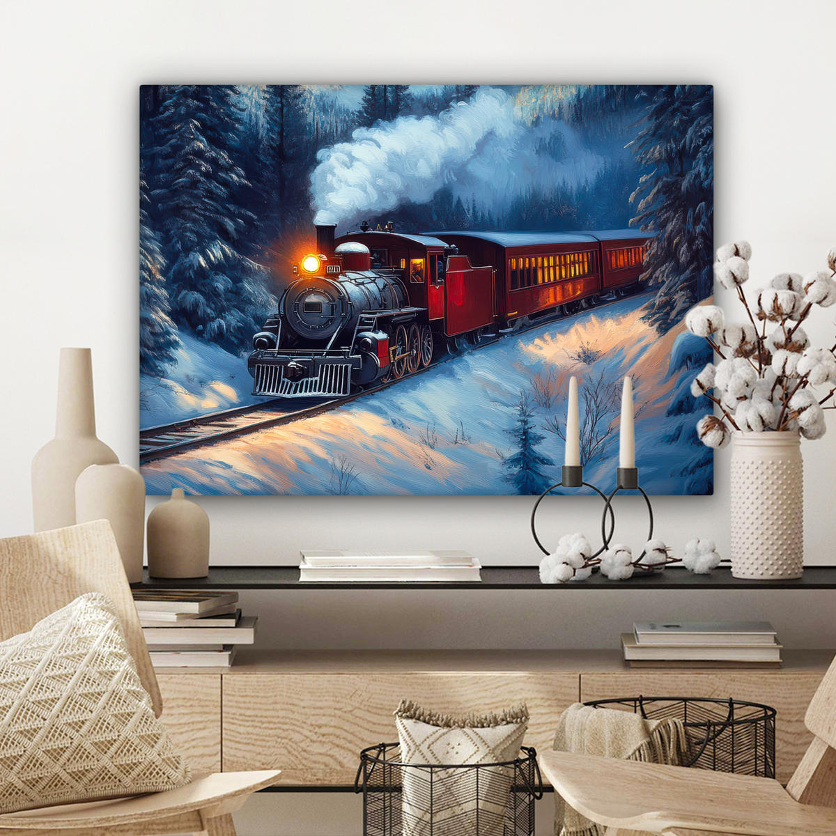 LEINWANDBILD Zug - Weihnachten - Schnee - Weihnachtszug Wandbilder 80x60 cm - Anthrazit, Textil (80/60cm) - MuchoWow