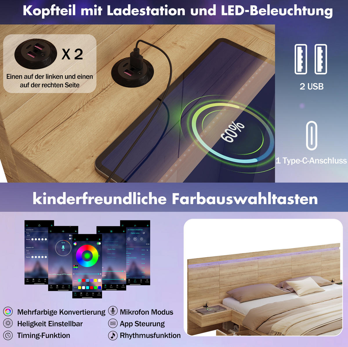 MANŽELSKÁ posteľ 180/200 cm prírodná z MDF s LED osvetlením, USB-C a integrovanými nočnými stolíkmi - prírodná farba, kompozitné drevo (180/200cm) - OKWISH