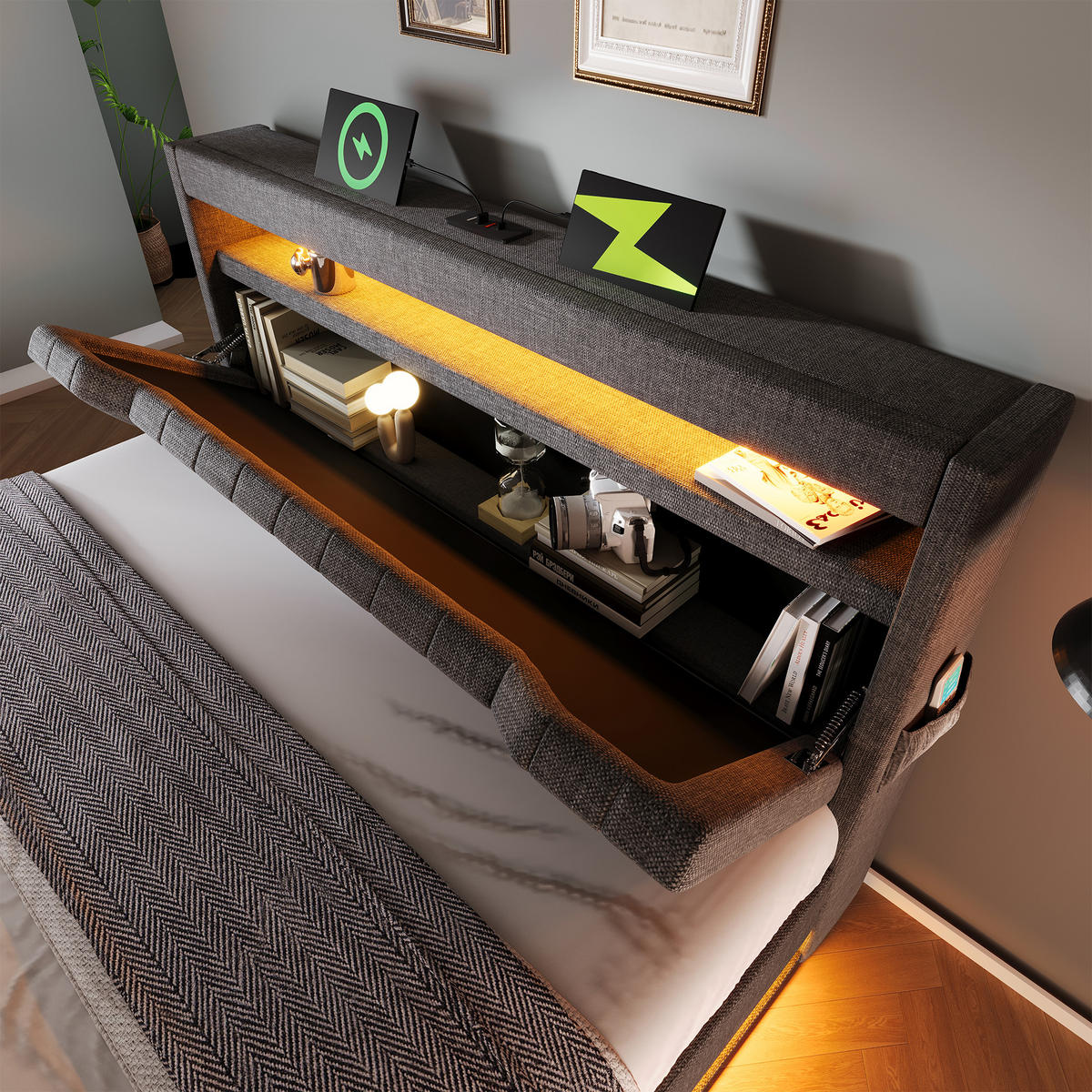 POLSTERBETT 160/200 cm Grau aus Leinen mit LED und USB-Ladeanschlüssen mit Matratze - Grau, Textil (160/200cm) - OKWISH