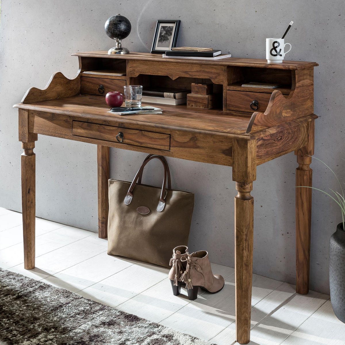 SCHREIBTISCH – Massivholz, 115 cm, Landhausstil, 3 Schubladen, Vintage-Optik - Braun, Holz (60/115/100cm) - KADIMA DESIGN