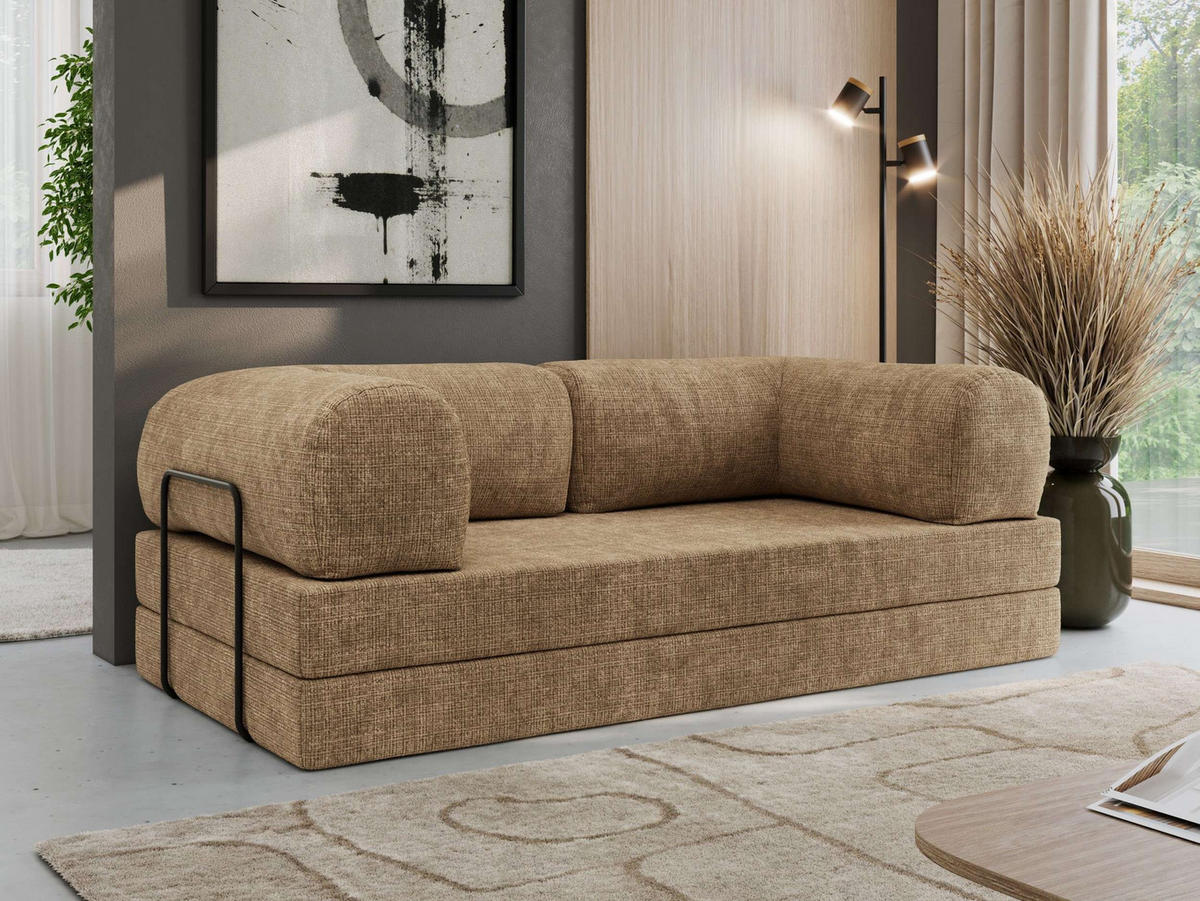 TROJMIESTNA POHOVKA ORSETTO - Svetlohnedá Hrubo tkaná ženilka - svetlohnedá/čierna, kov/textil (200/70/100cm) - MKS