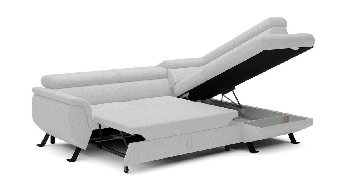 ECKSOFA Raven L mit Schlaffunktion und Bettkasten, Freistehend, Polstersofa mit Verstellbaren Kopfstützen, 257x198x96 cm – Rechte, Weiß - Weiß, Holz/Textil (256/198cm) - DomoHome