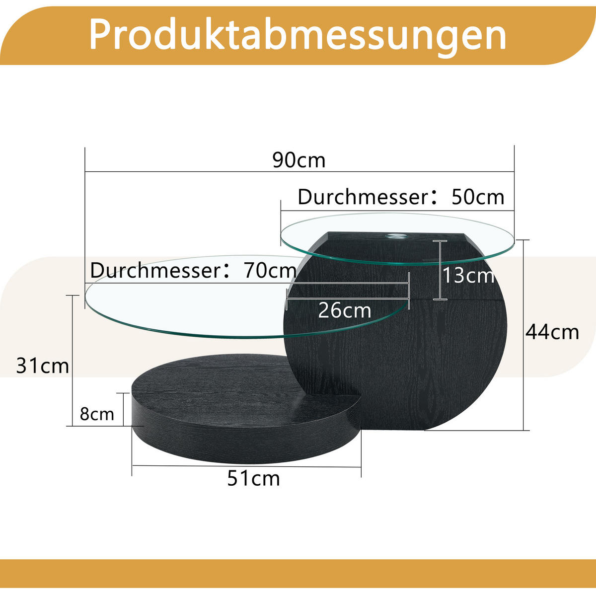 COUCHTISCH in Schwarz Wohnzimmertisch mit zwei Ebenen aus Sicherheitsglas für Wohnzimmer, B90/T70/H44 cm - Transparent/Schwarz, Glas/Holzwerkstoff (90/90/44cm) - STILVORA