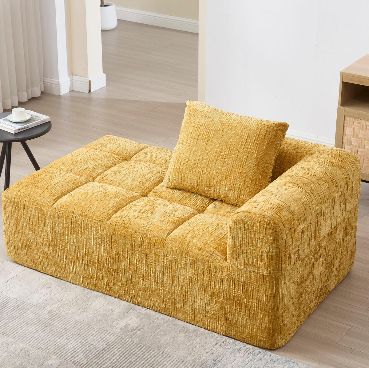 CHAISELONGUE Sofa Chenille mit Seitentaschen und Kissen 158/90/60 cm Gelb - Gelb, Textil (60/158/90cm) - Redom