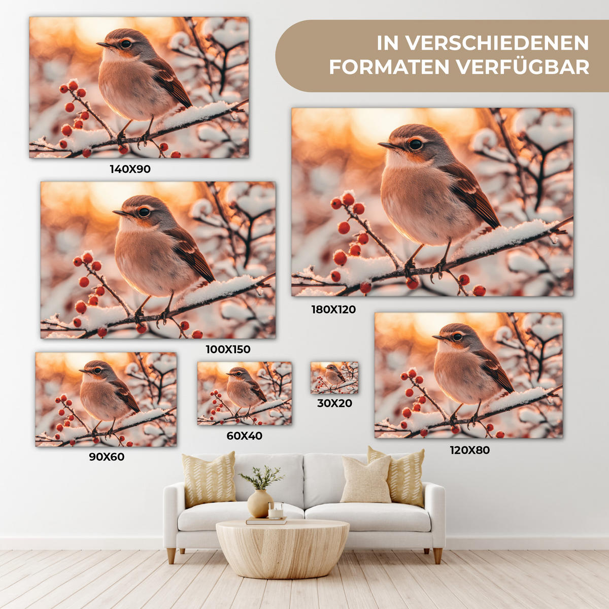 LEINWANDBILD Vogel - Zweig - Winter - Tiere - Schnee Gemälde 60x40 cm - Bernsteinfarben, Textil (60/40cm) - MuchoWow