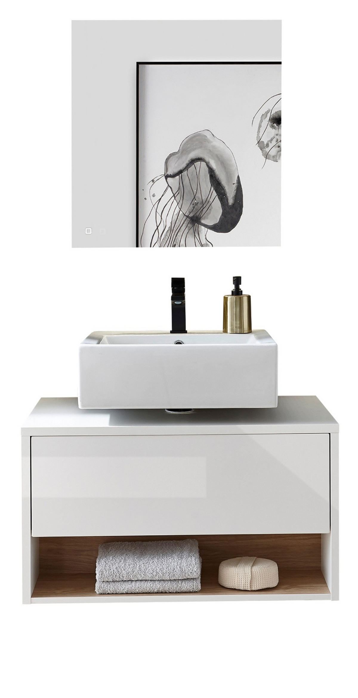 BADMÖBEL-SET 2-teilig weiß Hochglanz und Eiche, Badezimmer Set mit LED Beleuchtung, 80 cm - Weiß Hochglanz, Glas/Holzwerkstoff (80/190/46cm) - Furn.Design