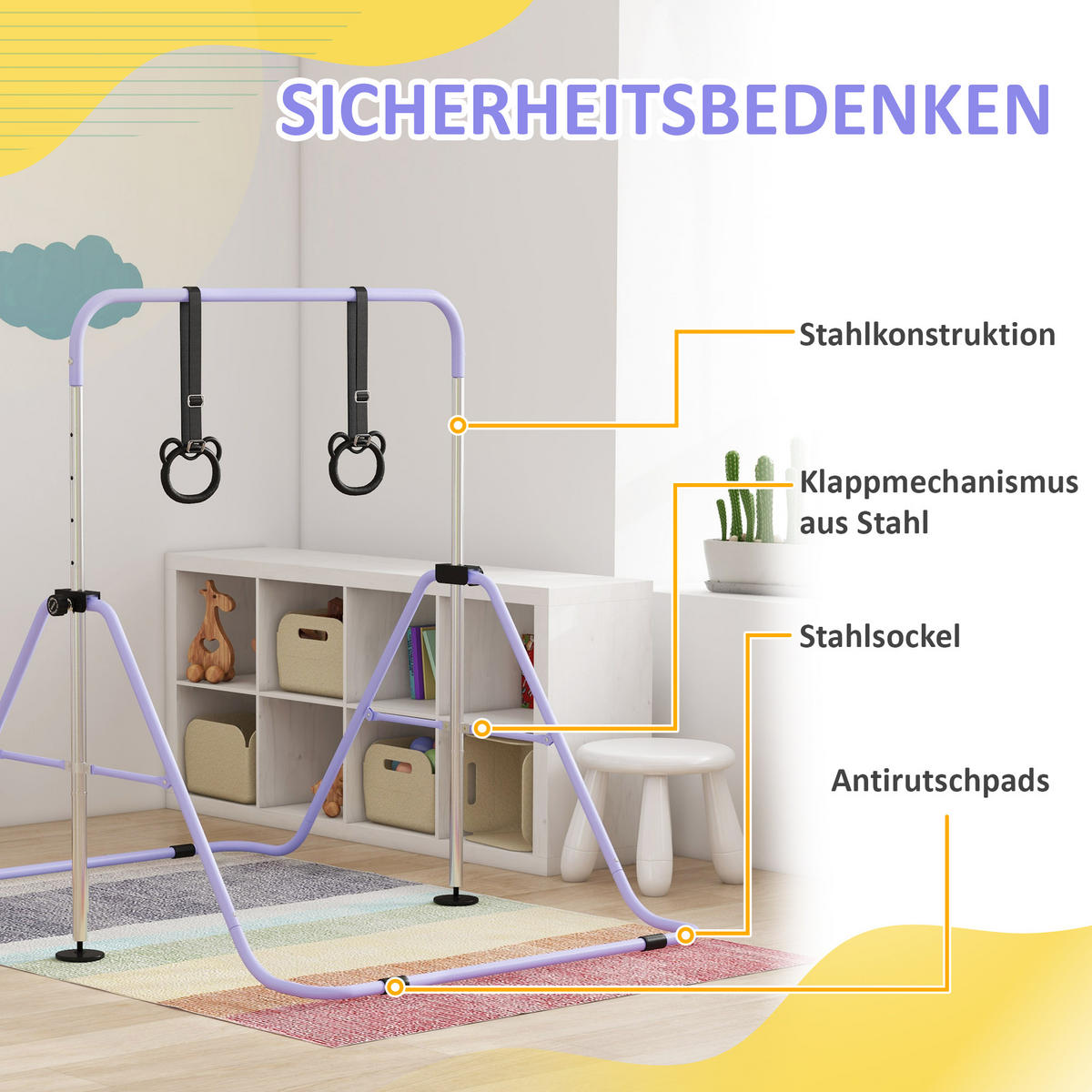 KINDER-TURNBARREN DE-10928 mit Ringen höhenverstellbar klappbar Pink - Violett, Metall (105/148cm) - ComfortXL