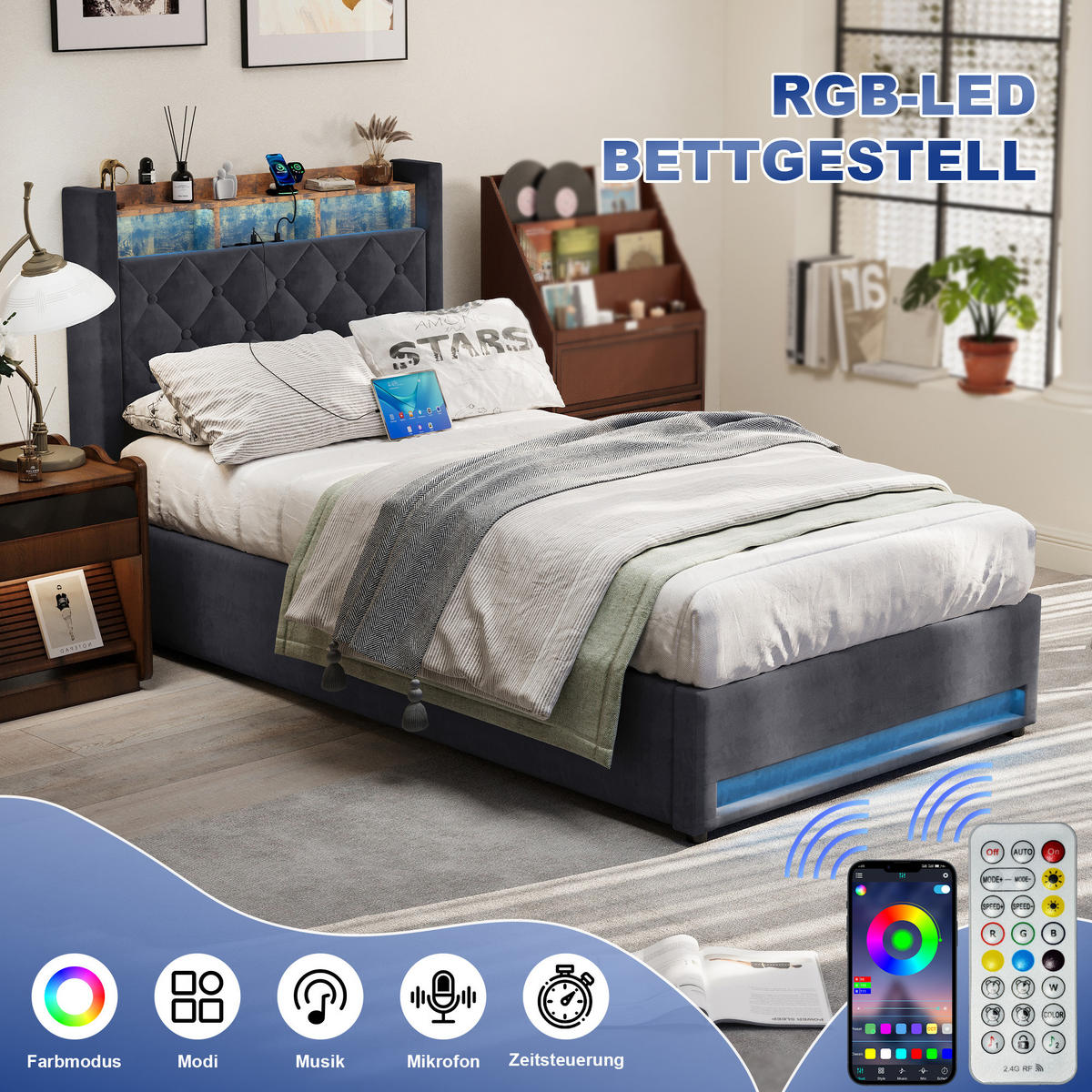 POLSTERBETT 90/200 cm mit Bettkasten und Steckdose Boxspringbett mit USB und LED-Licht Stauraumbett ohne Matratze - Grau, Holzwerkstoff/Textil (90/200cm) - STILVORA