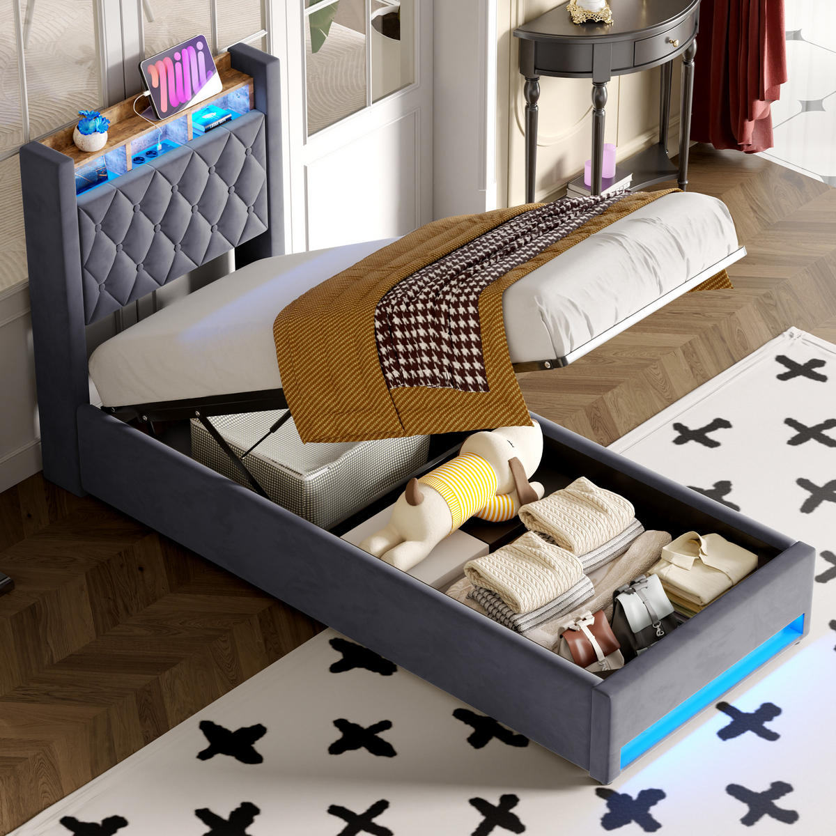 POLSTERBETT 90/190 cm Grau mit LED-Lichtleiste und USB-Anschlüssen - Grau, Holzwerkstoff (90/190cm) - OKWISH