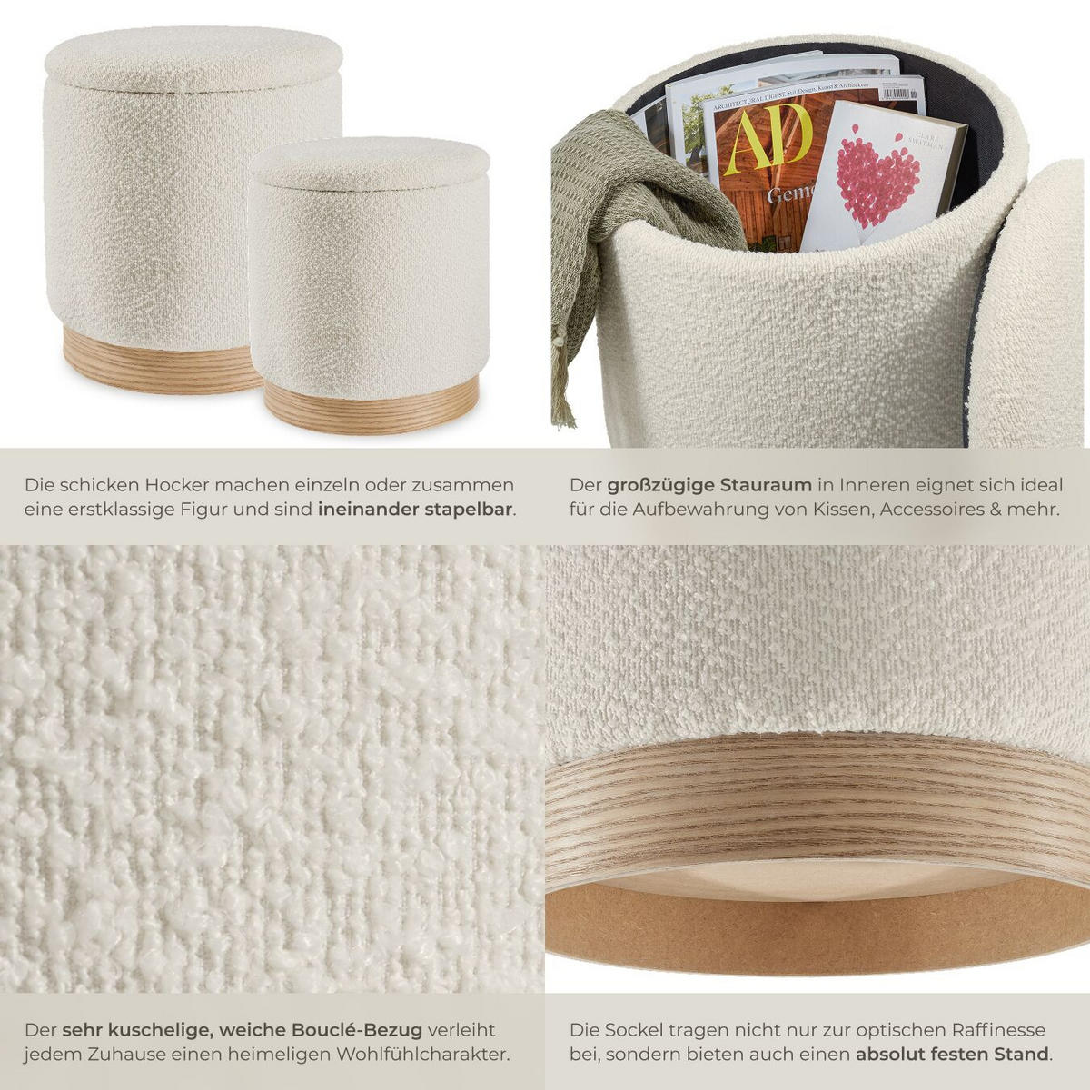 SITZHOCKER 2er Set mit Stauraum Orchide,Gestelle aus MDF-Platten,creme - Creme, Holz (38/42/38cm) - tectake