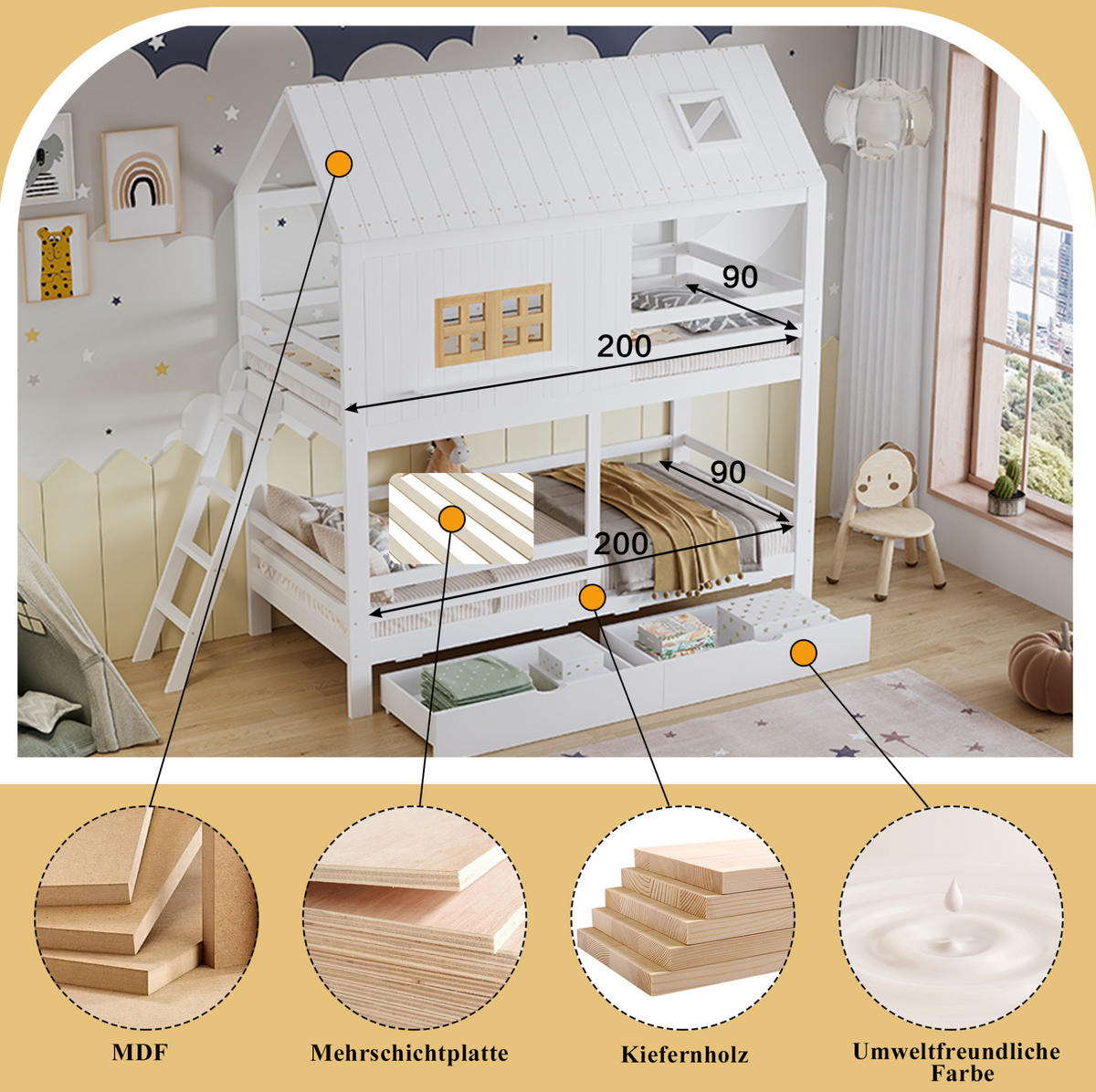 ETAGENBETT 90/200 cm aus Kiefer und MDF mit Dach, Fenstern, Leiter und 2 Schubladen, Weiß/Natur - Weiß, Holz (90/200cm) - Redom