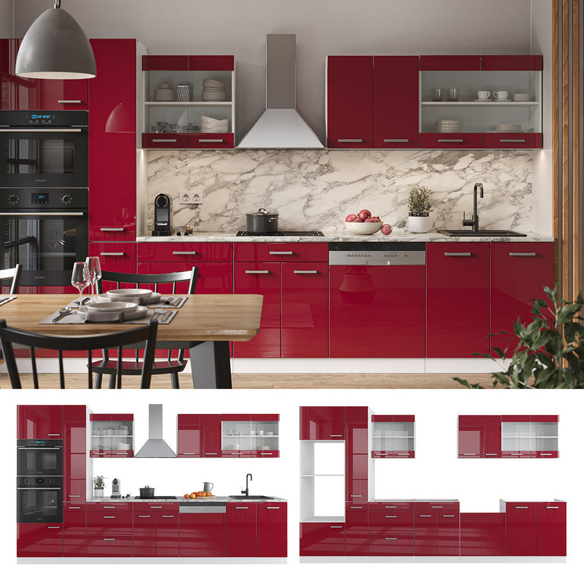 KÜCHENZEILE R-Line Rot Hochglanz/Weiß 350 cm mit Hochschrank, AP Marmor - Rot/Weiß, Holzwerkstoff (350/81.6/60cm) - Vicco