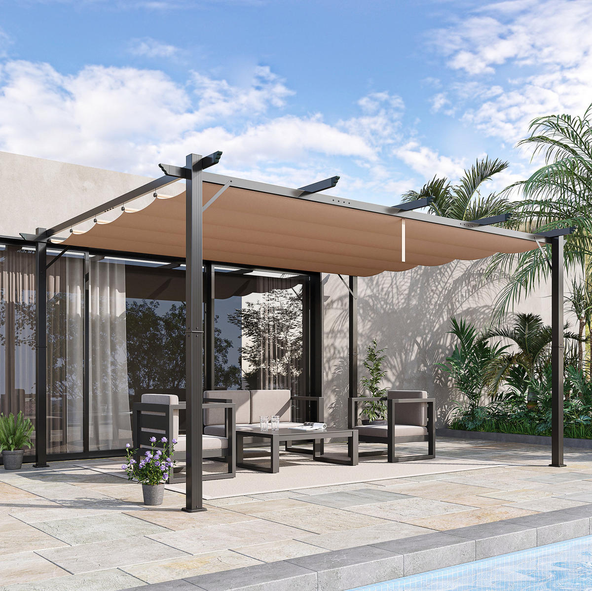 PERGOLA 300/400 cm se zatahovací střechou a UV ochranou, Šedá - šedá, kov (400/223/300cm) - Redom