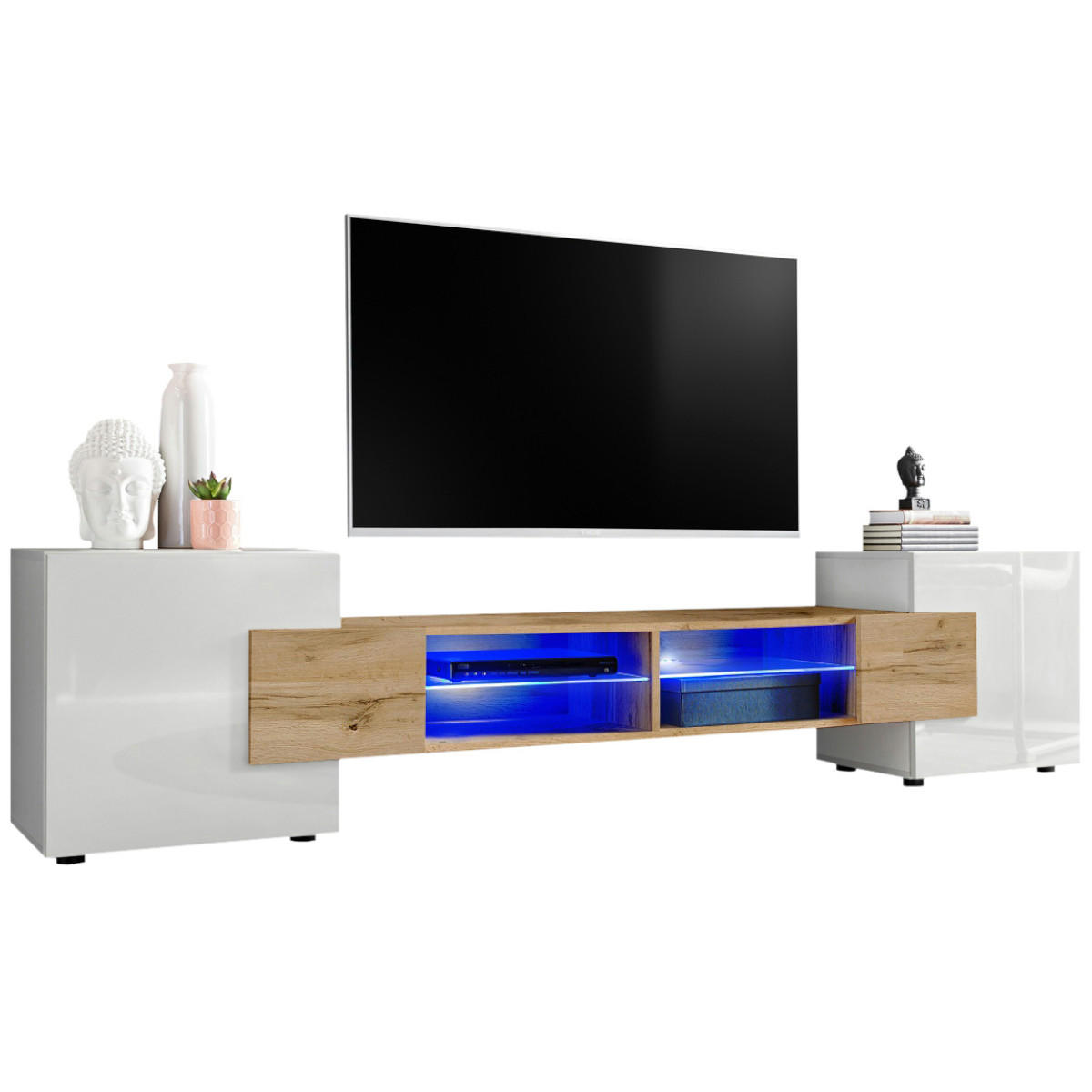 LOWBOARD MERANO Weiß, Blau LED Beleuchtung - Eiche Wotan/Weiß, Glas/Holzwerkstoff (230/52.5/35cm) - Komodee