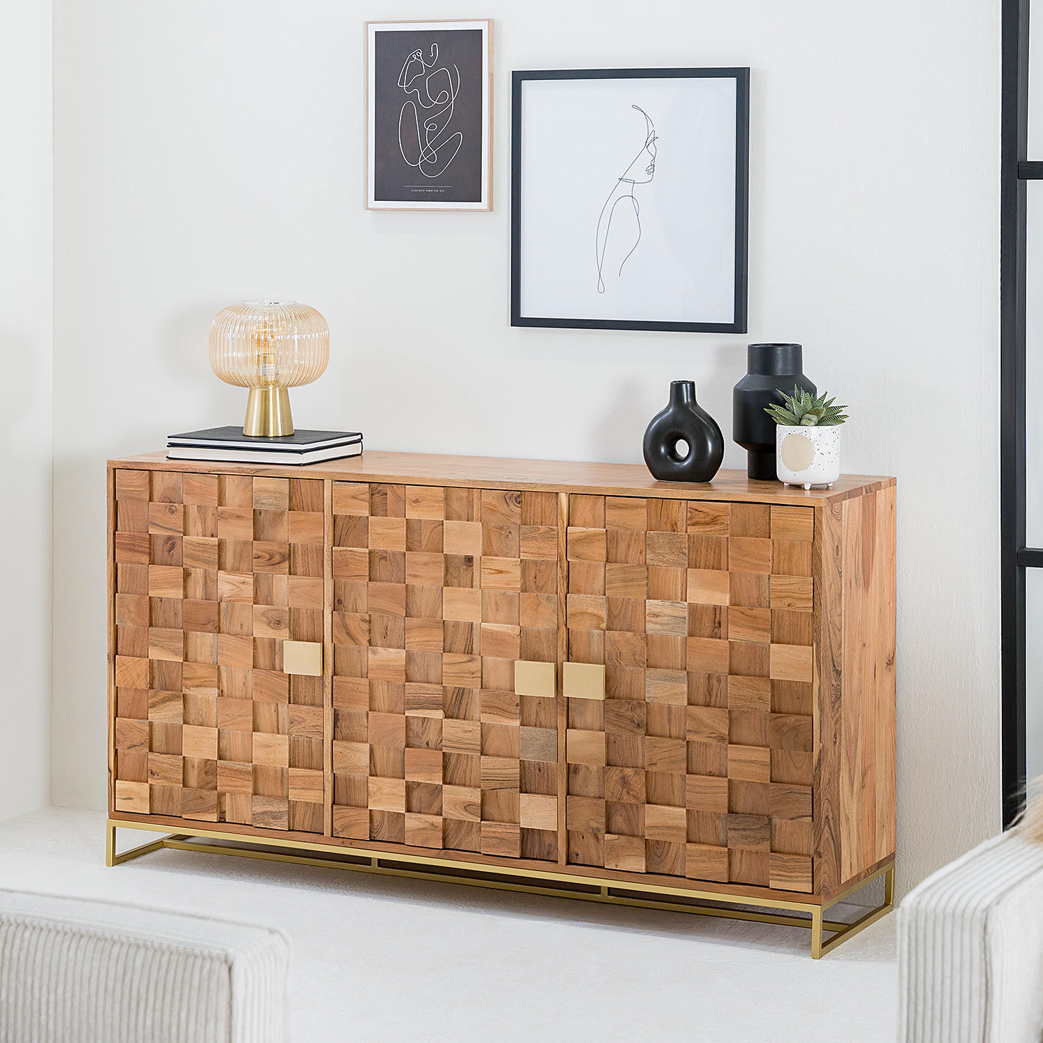 SIDEBOARD - Akazie massiv / Eisen - Goldfarben/Akaziefarben, Holz (160/85/40cm) - home24