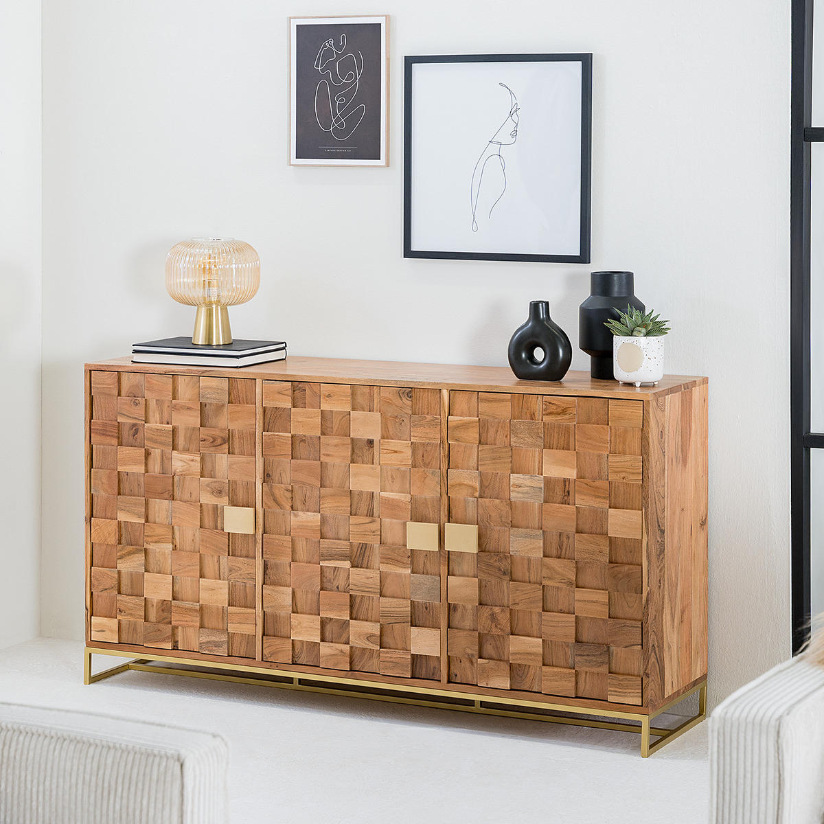 SIDEBOARD - Akazie massiv / Eisen - Goldfarben/Akaziefarben, Holz (160/85/40cm) - home24