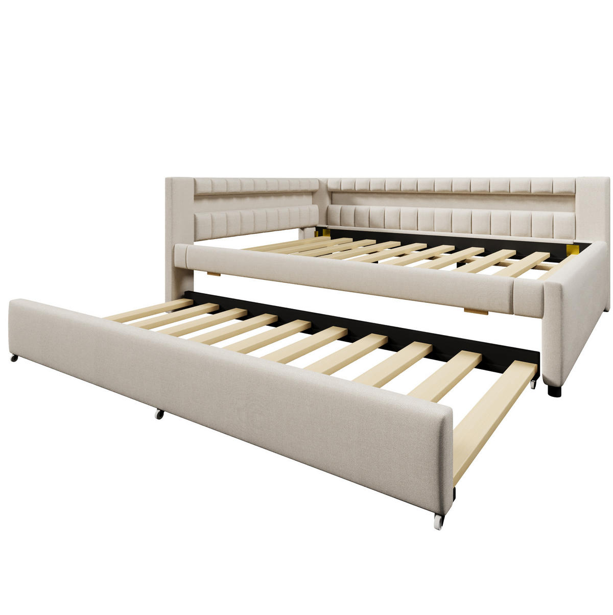 POLSTERBETT 140/200 cm Beige aus Leinen mit Ausziehbett und LED - Beige, Textil (140/200cm) - OKMYHOME