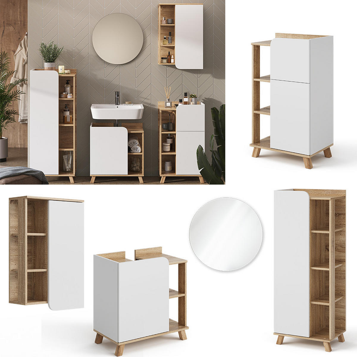 BADMÖBEL-SET Karen Sonoma/Weiß 5 Teile - Weiß/Sonoma Eiche, Holzwerkstoff (60/65/35cm) - Vicco