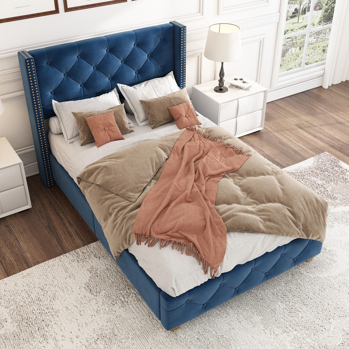 SAMT-POLSTERBETT 90/200 cm in Blau mit Lattenrost und gepolstertem Kopfteil - Blau, Textil (90/200cm) - BEAOK