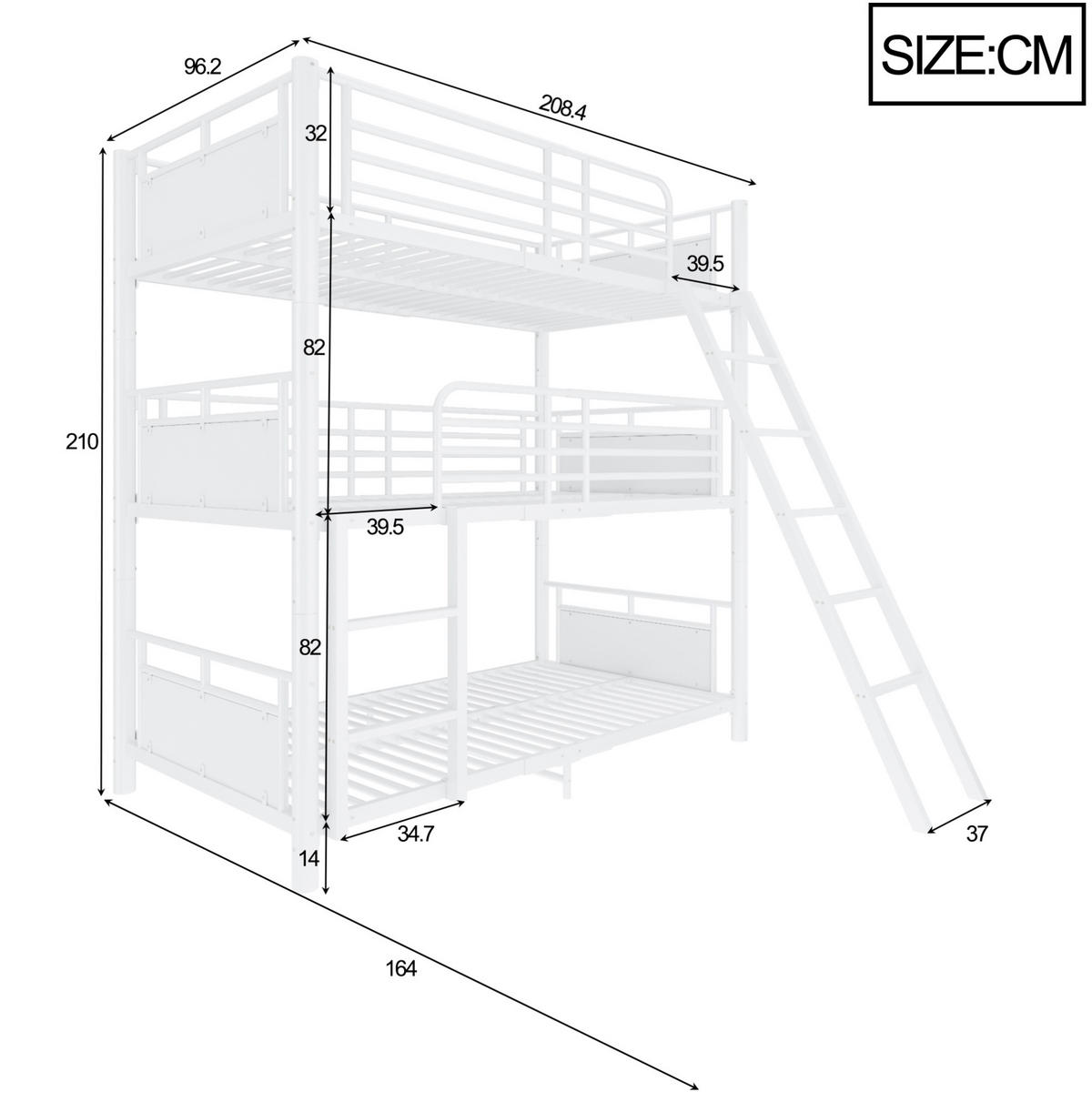DREIFACH-ETAGENBETT aus Metall und Holz 90x200 cm Weiß mit 3 Schlafplätzen und 2 Leitern - Weiß, Metall (90/200cm) - Modfu