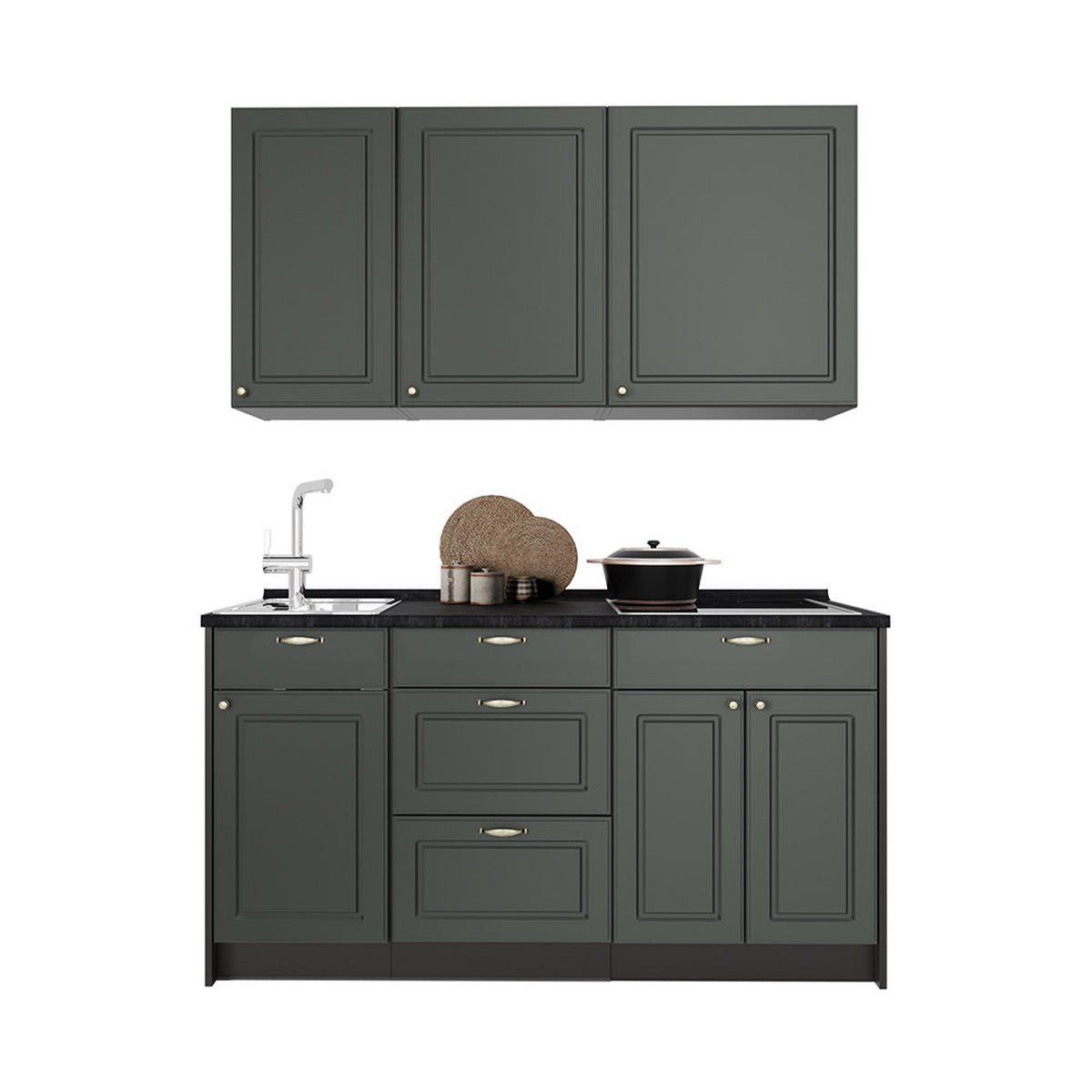 SINGLEKÜCHE Fame-Line, Grün-Gold Landhaus/Anthrazit, 150 cm ohne Arbeitsplatte - Anthrazit/Grün, Holzwerkstoff (150/82/51.6cm) - Vicco