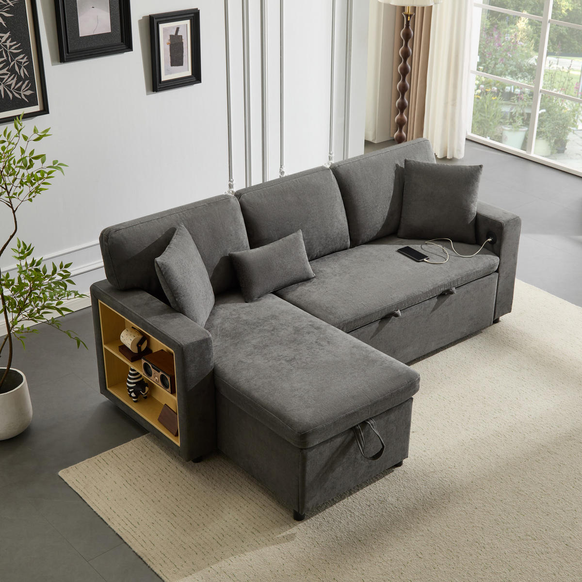 4-SITZER ECKSCHLAFSOFA Dunkelgrau mit USB, Stauraum und mit Kissen - Dunkelgrau, Holzwerkstoff/Textil (214/131cm) - WISHDOR
