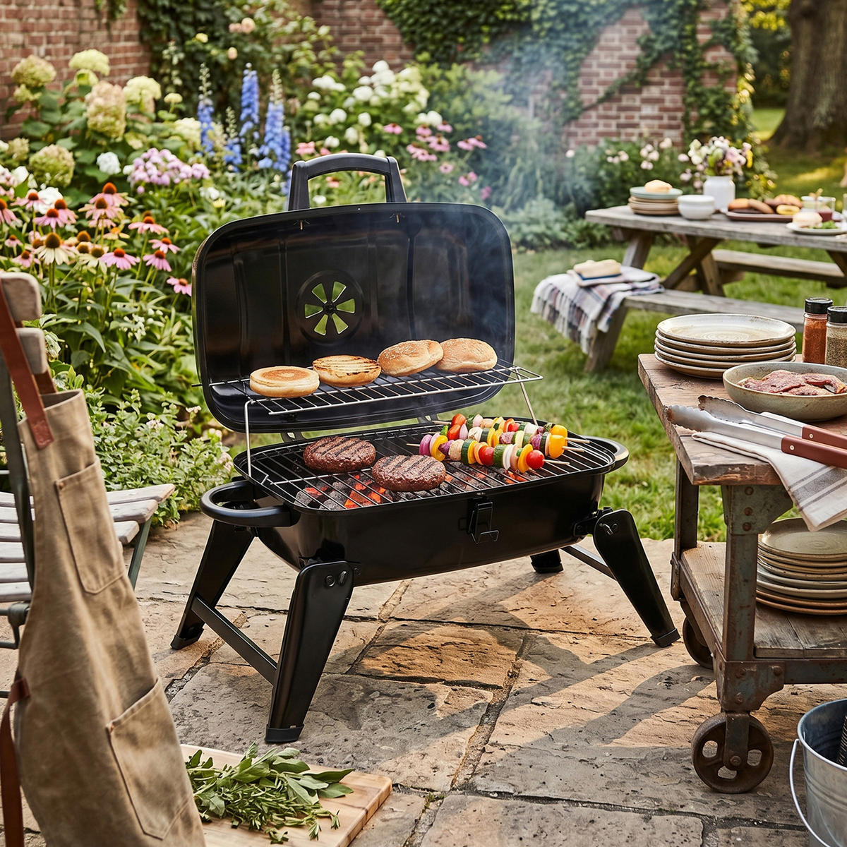 HOLZKOHLEGRILL aus Kohlenstoffstahl in Schwarz für die Terrasse Tragbarer 68 cm B x 34 cm T x 36 cm H - Schwarz, Metall (68/36/34cm) - Livingandhome