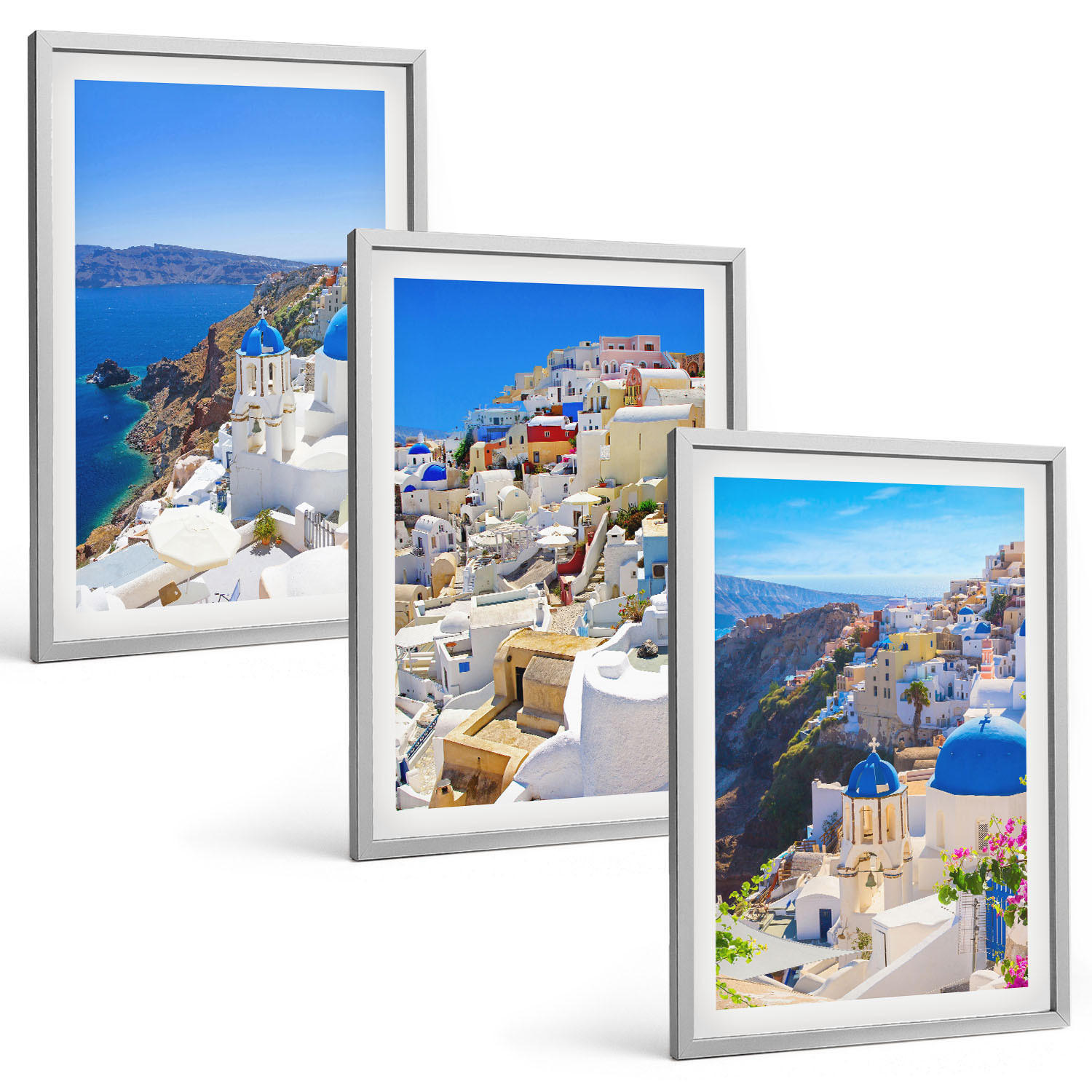 BILDER SET 3er Set - 40x60 cm Silberner Rahmen - Landschaftsarchitektur Oia Santorini - Silberfarben, Kunststoff (40/60cm) - TULUP