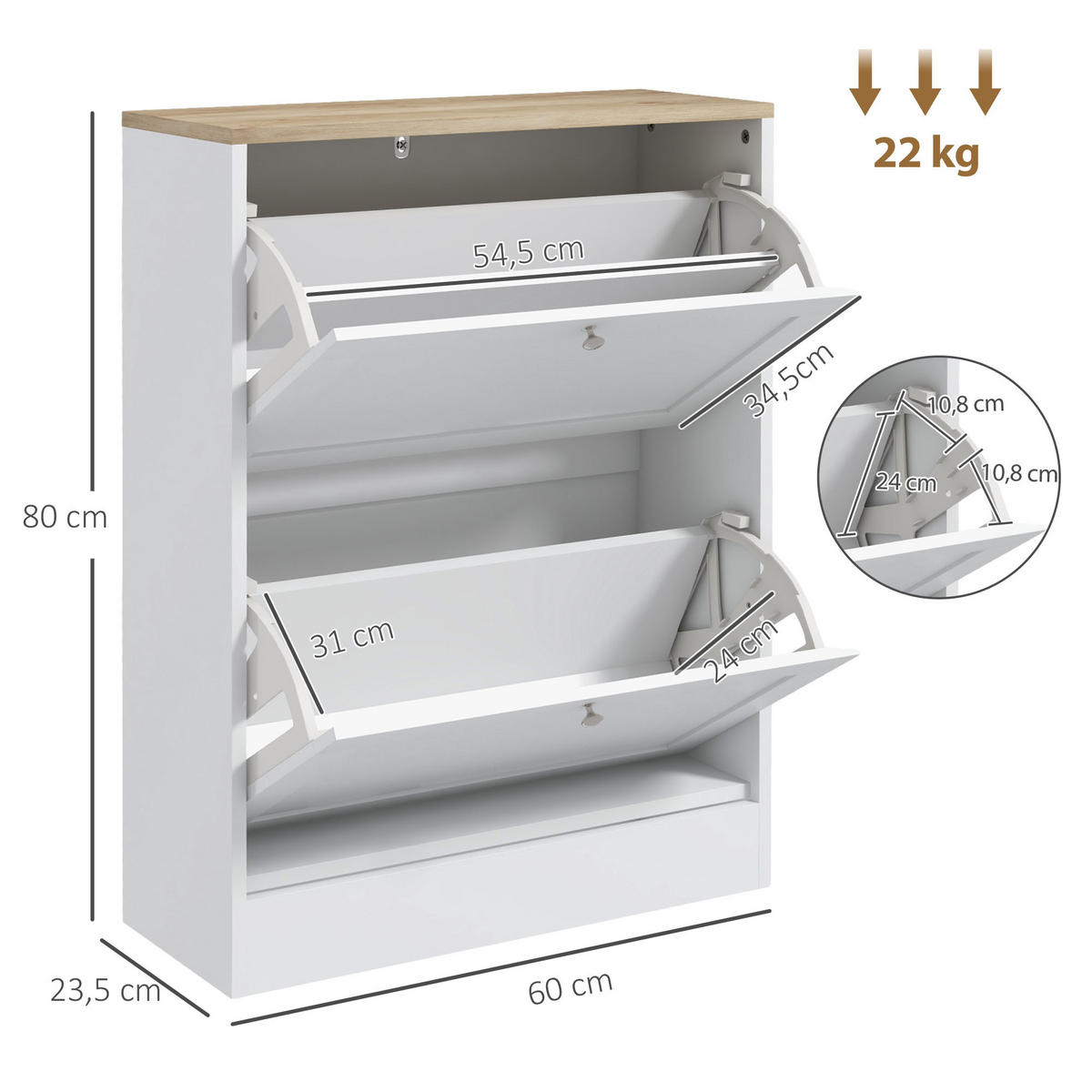 SCHUHSCHRANK Weiß Holzoptik Spanplatte klappbar mit Fächern 1 Stück - Weiß, Holzwerkstoff (60/80/23.5cm) - PANGIVO