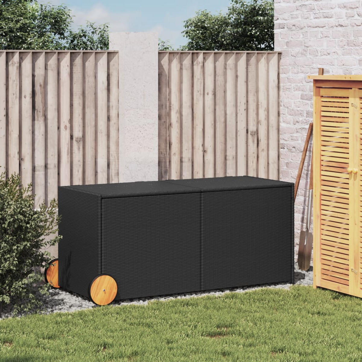 GARTENTRUHE mit Rollen Schwarz 283L Poly Rattan - Schwarz, Kunststoff (127/102/55cm) - furnicato
