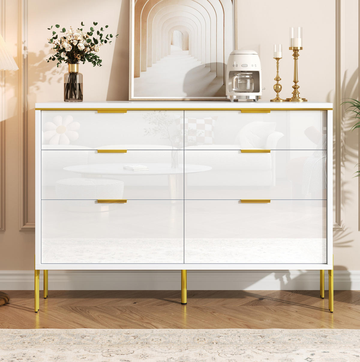 SIDEBOARD 120/40/85,5 cm mit 6 Schubladen und Hochglanzfronten, Weiß - Weiß, Holzwerkstoff (120/85.5/40cm) - Redom