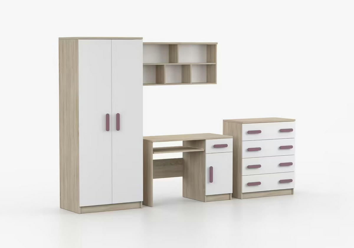 JUGENDZIMMER Elora in Eiche und Weiß – 4-teiliges Set mit Schreibtisch, Kommode, Wandregal und Schrank – Grifffarbe Erika - Braun, Holzwerkstoff (80/200/120cm)