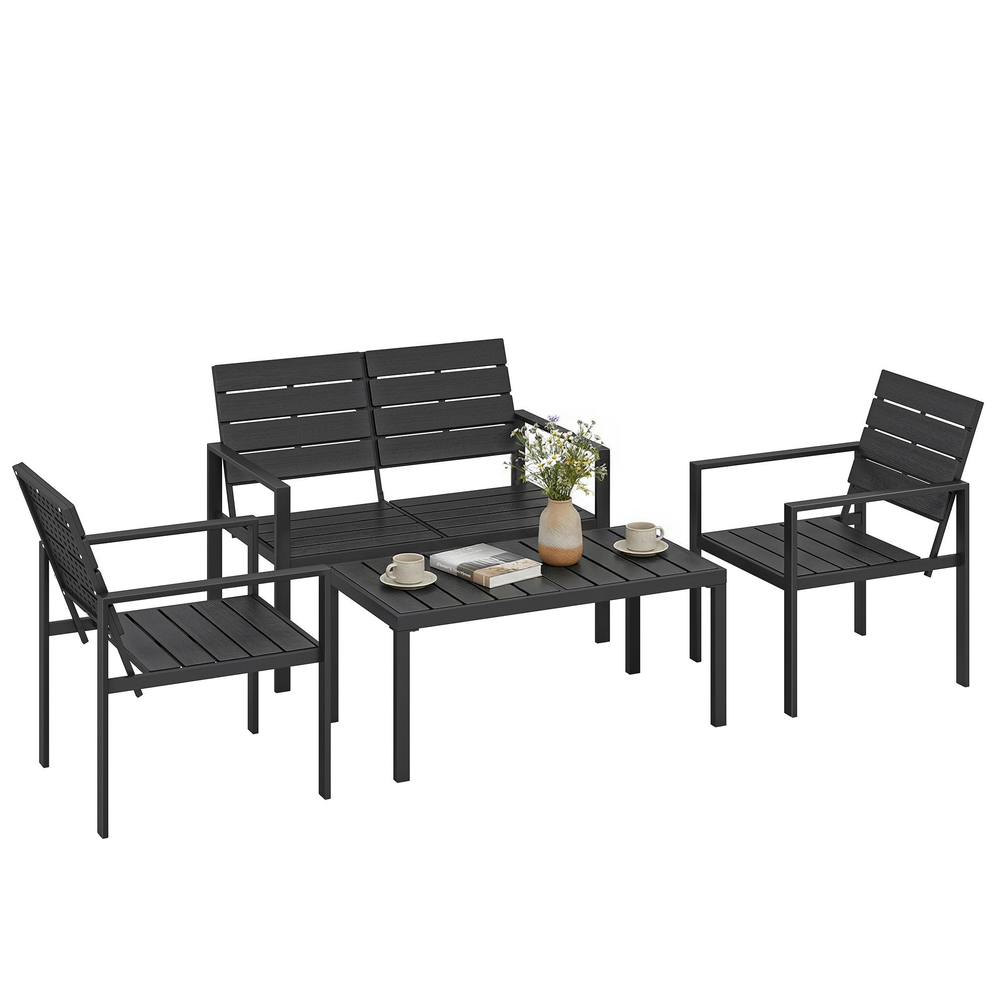 GARTENMÖBEL SET DE-06592, 2er Sofa, 2 Sessel, Beistelltisch, Lamellendesign Schwarz - Schwarz, Metall - ComfortXL