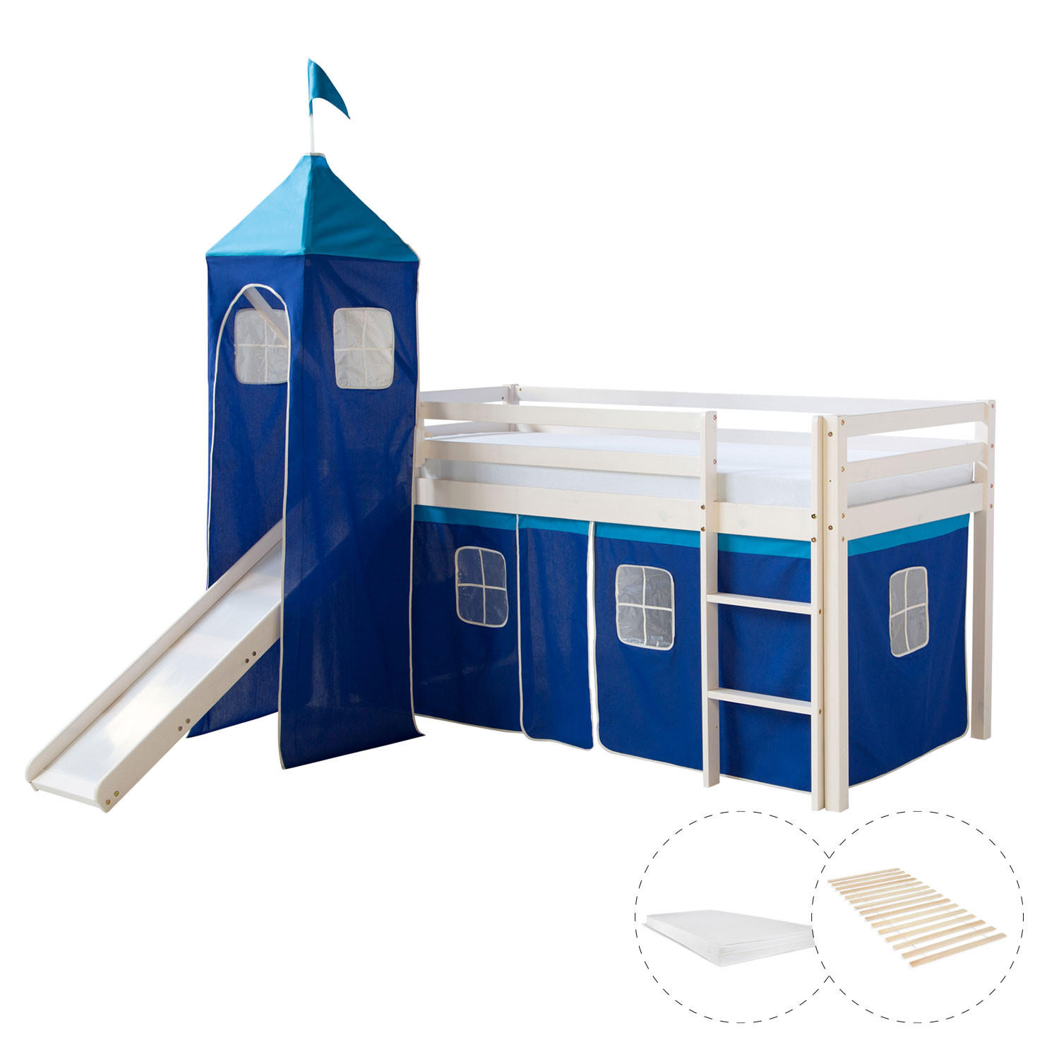 HOCHBETT 90/200 in Blau mit Lattenrost + Matratze - Blau/Weiß, Holz - Homestyle4u