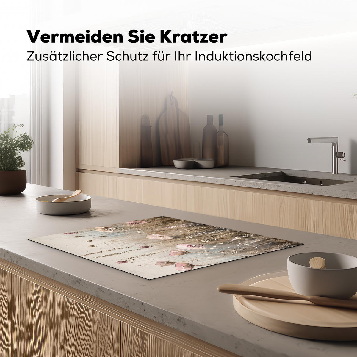 HERDABDECKPLATTE Blumen - Beige - Trockenblumen 65x52 cm - Beige, Kunststoff (65/0.2/52cm) - MuchoWow