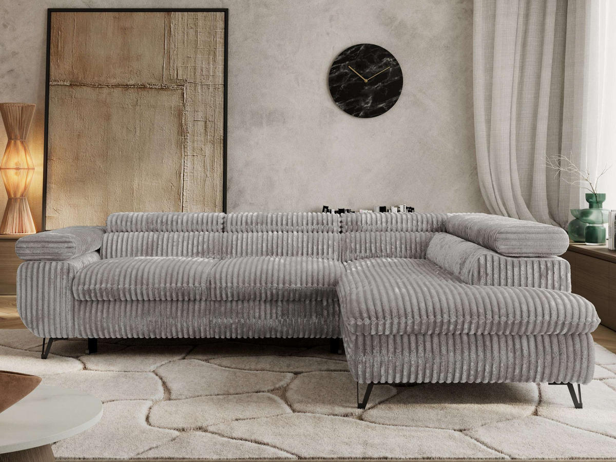 ECKSOFA PABLO L Hellgrau Cord - Rechts Seite mit T25 Topper - Hellgrau/Schwarz, Textil/Metall (273/208cm) - MKS