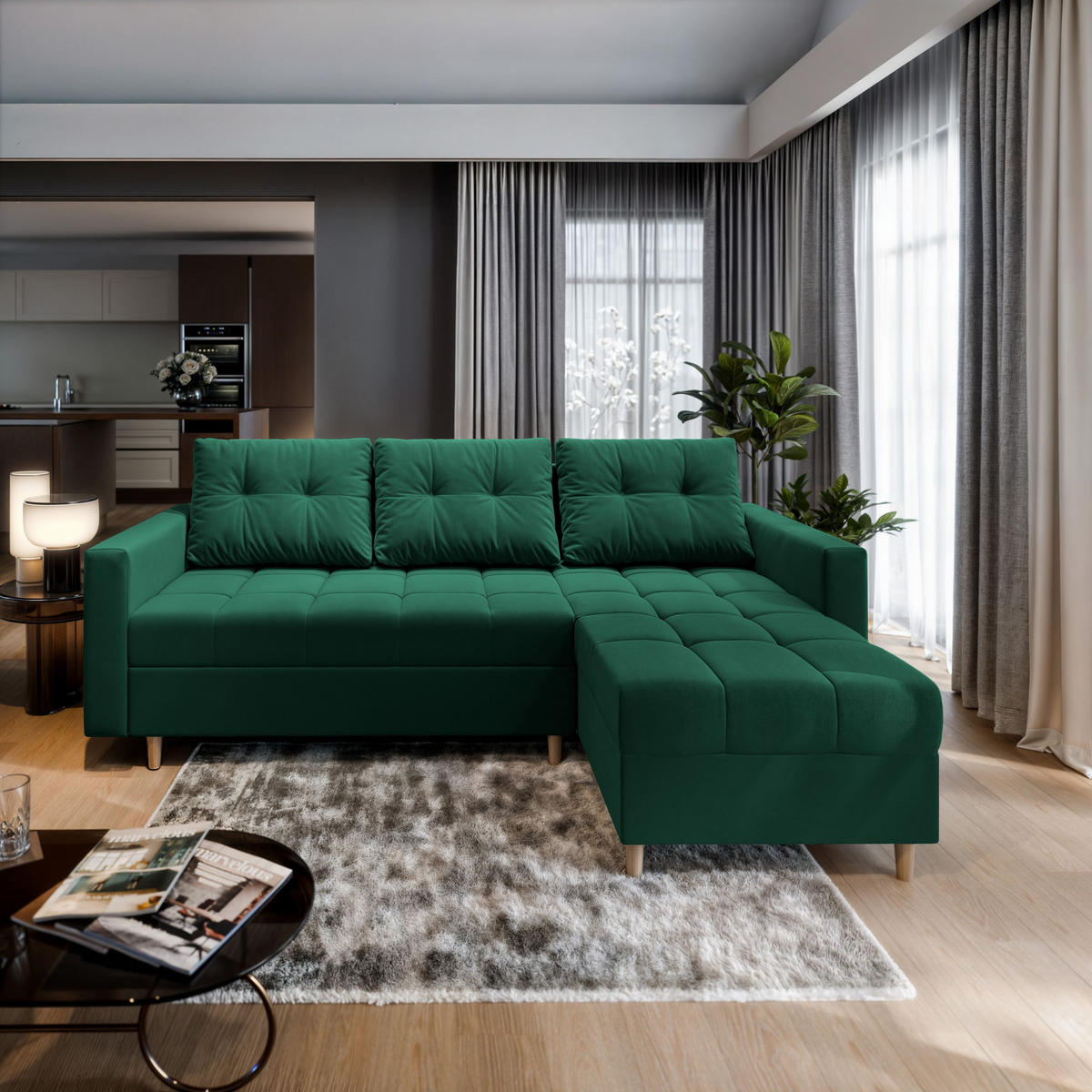 ECKSOFA MILO L Grün Plüsch-Stoff mit Schlaffunktion - Grün, Holz (220/140cm) - MASSENO