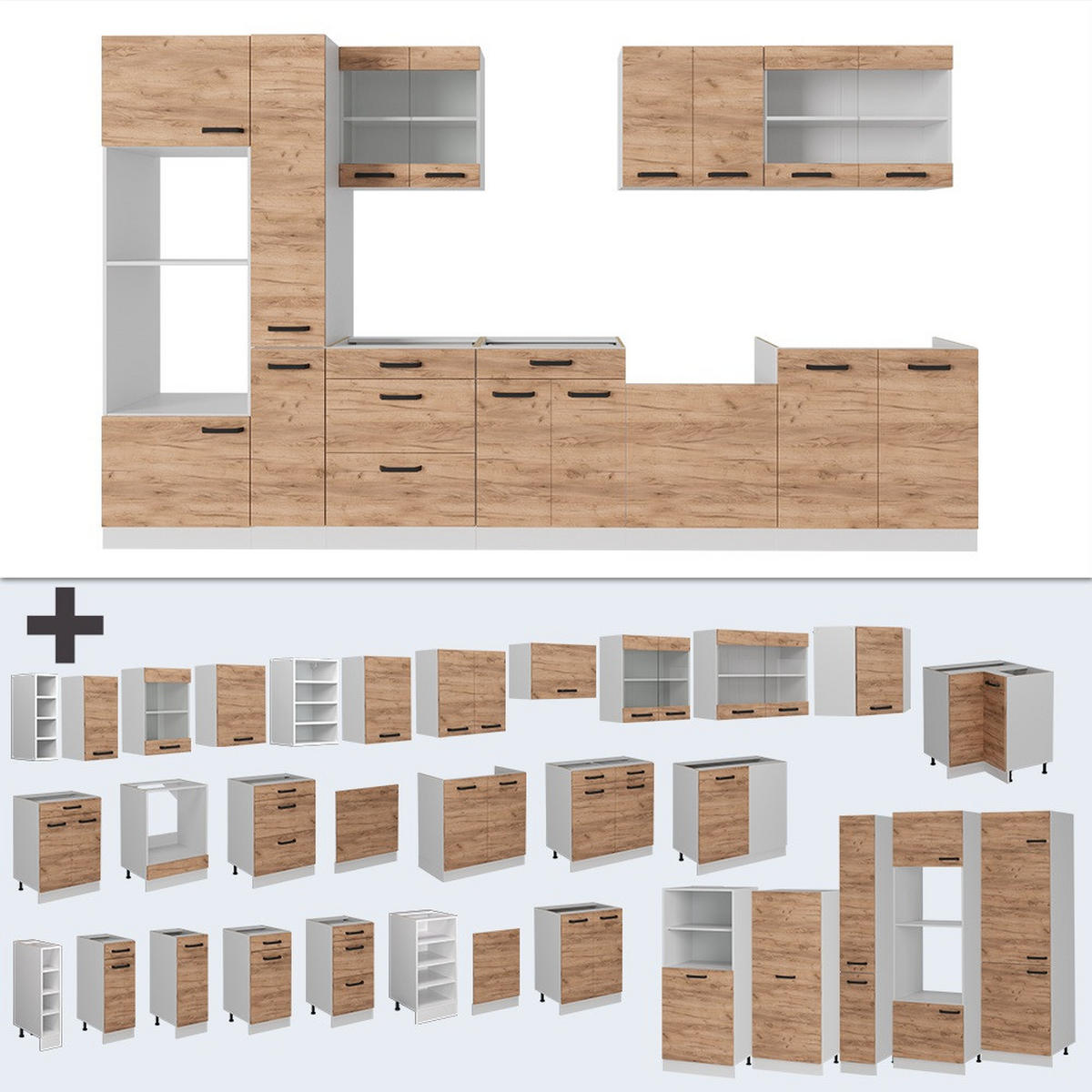 KÜCHENZEILE R-Line Goldkraft Eiche/Weiß 350 cm AP Eiche - Honigeiche/Eiche Wotan, Holzwerkstoff (350/81.6/60cm) - Vicco