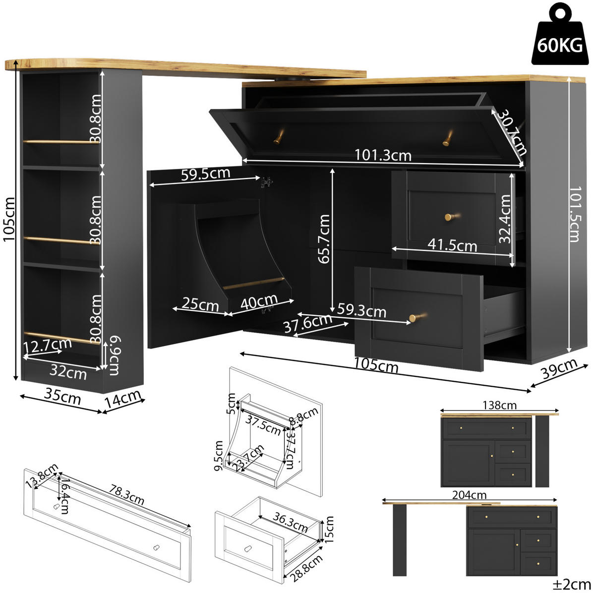 BAROVÝ stůl 138-204/39/105 cm s úložným prostorem, otočnou deskou 360° a sklápěcími prvky z MDF a kovu, Černá - černá, kompozitní dřevo (39/105/138cm) - Redom