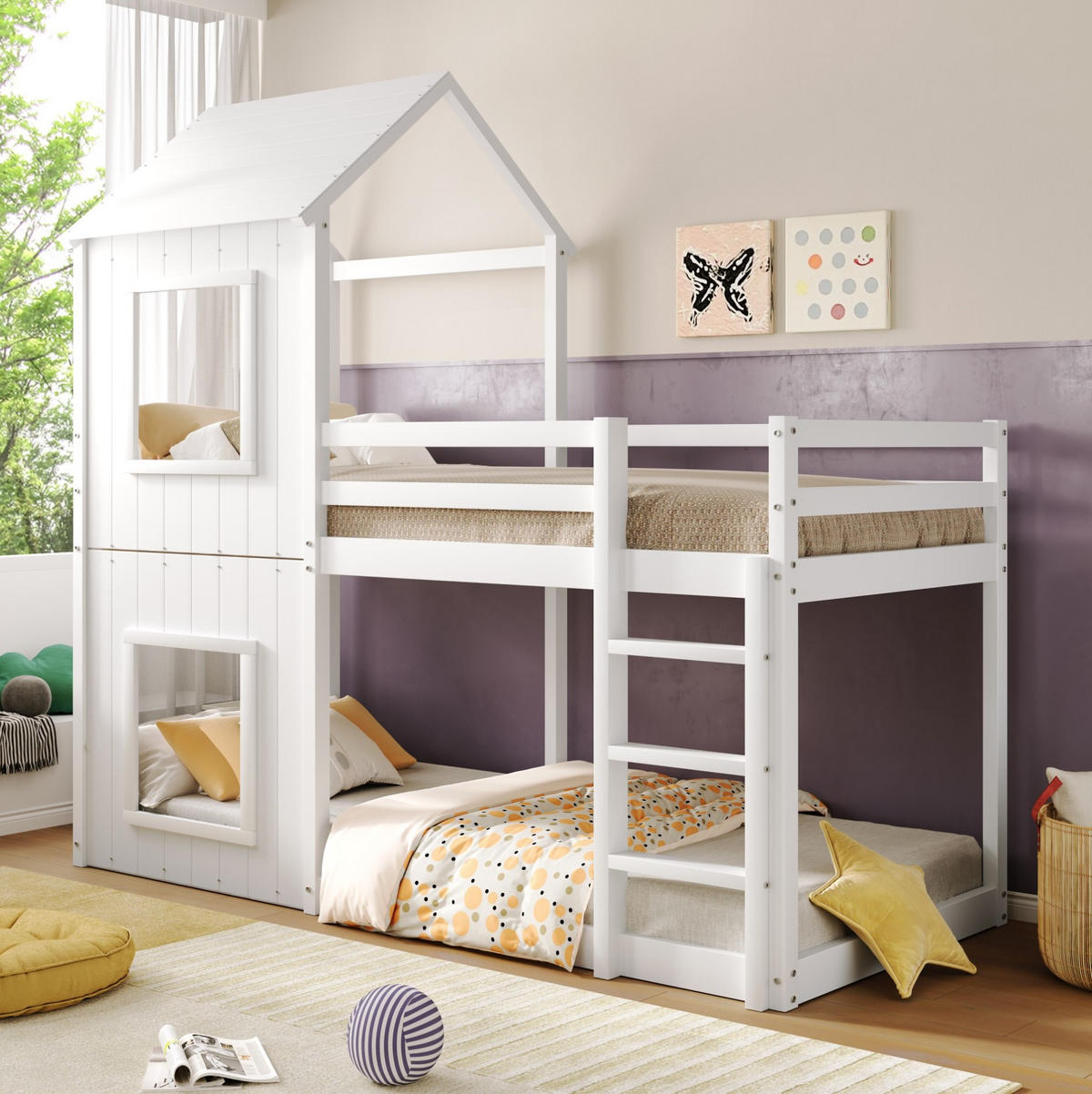 ETAGENBETT aus Kiefer 90x200 cm in Weiß mit Rausfallschutz im Baumhaus-Design - Weiß, Holz (90/200cm) - Modfu