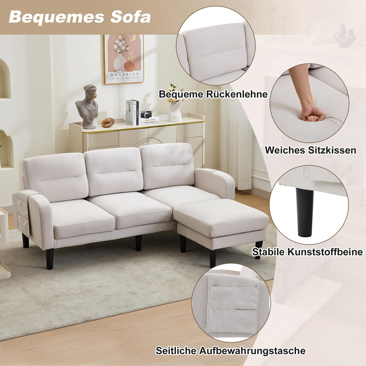 ECKSOFA L Form 3-Sitzer Chaiselongue Stauraum Tasche Beige 204cm - Beige, Textil (204/136cm) - FLIEKS