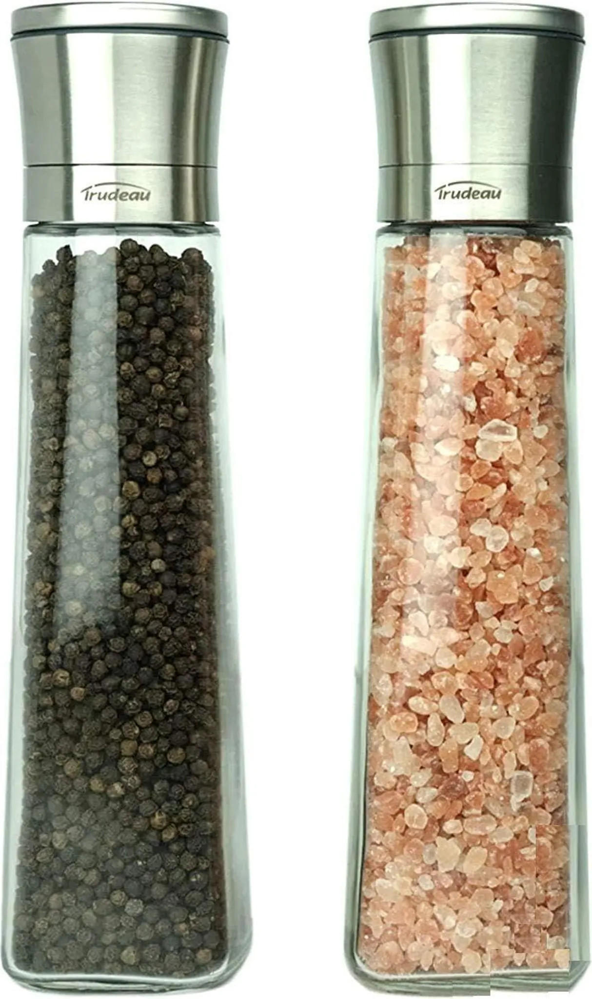 SALZ & PFEFFERMÜHLEN-SET – Trudeau – 2er Pack, Nachfüllbare Salz- & Pfeffermühle, Küchenmühle für Salz, Pfeffer & Gewürze - Transparent, Glas/Metall (23/7/6cm)