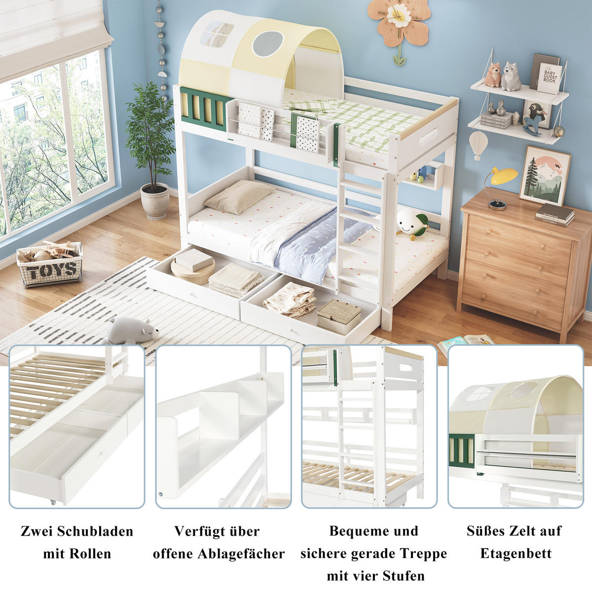 ETAGENBETT 90x200 cm Zelt Schubladen - Gelb, Holz (90/200cm) - LEBENLANG