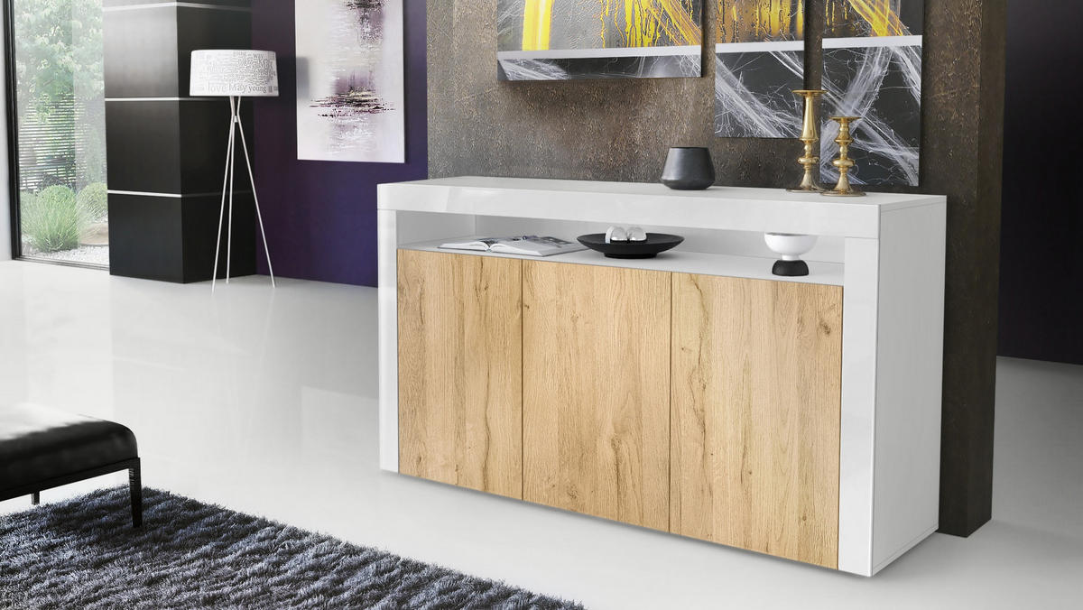 SIDEBOARD Valencia Eiche Natur/ Weiß Hochglanz - Eichefarben, Holzwerkstoff (155/92/40cm) - Vladon