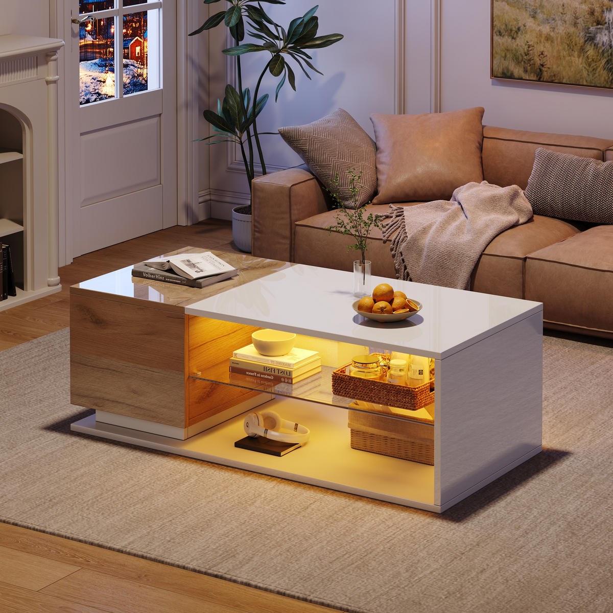 COUCHTISCH LED Hochglanz 105x50x36cm mit Stauraum und Beleuchtung - Multicolor, Holzwerkstoff (105/50/36cm) - FLIEKS
