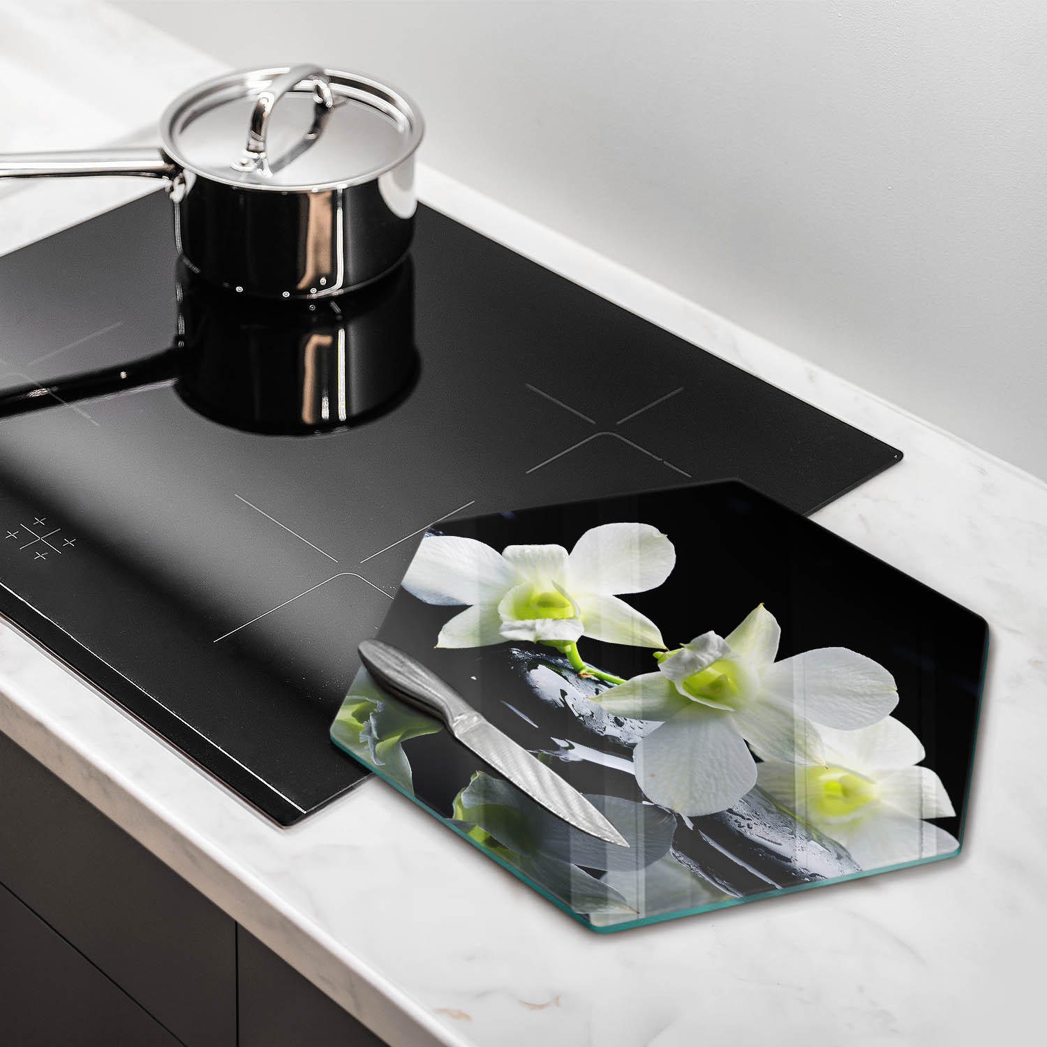 GLASPLATTE 40 cm Zen weiße Blumen im Wasser - Schwarz, Glas (40/40cm) - Wallfluent
