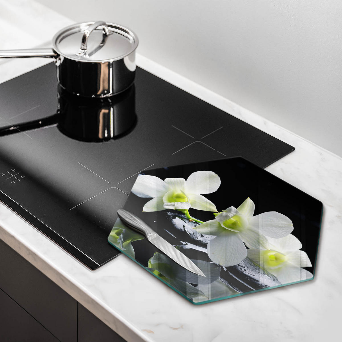 GLASPLATTE 40 cm Zen weiße Blumen im Wasser - Schwarz, Glas (40/40cm) - Wallfluent