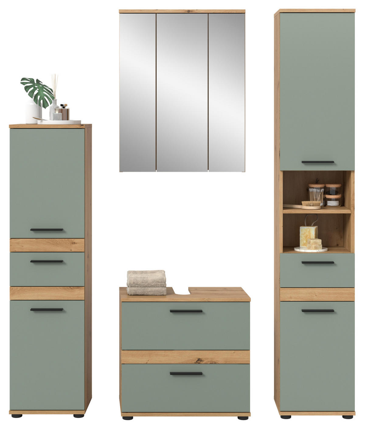 BADMÖBEL-SET 4-teilig Salbei grün, Artisan Eiche 164 cm, Badezimmerschränke mit viel Stauraum - Salbeigrün/Schwarz, Glas/Holzwerkstoff (164/191/34cm) - Inn.Furn